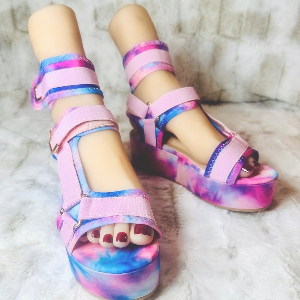 Pazzle Cotton Candy Platform Tie Dye Pink Harness Strap Sandals